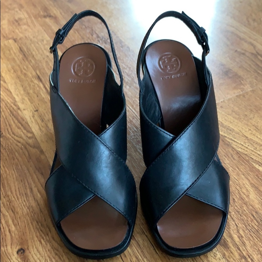 Tory Burch Gabrielle Black Leather Slingback Wedge